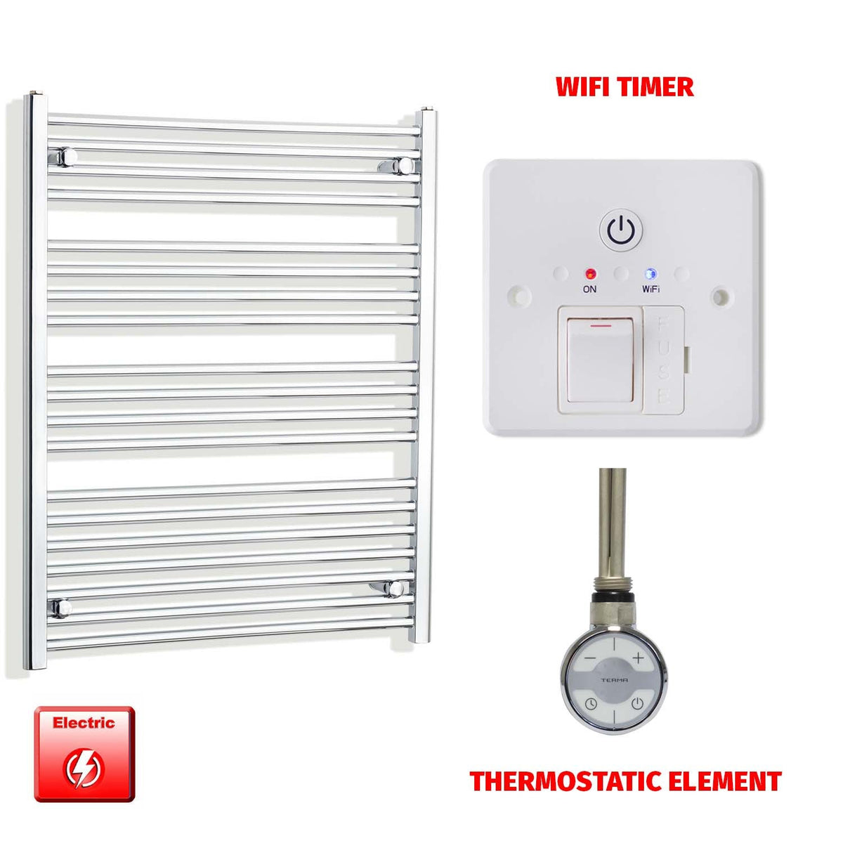 1000 x 750 Pre-Filled Electric Heated Towel Radiator Curved or Straight Chrome MOA Thermostatic element Wifi timer