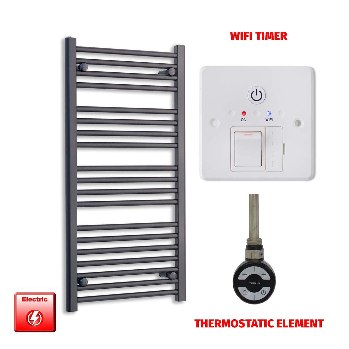 1000 x 550mm Wide Flat Black Pre-Filled Electric Heated Towel Radiator HTR MOA Thermostatic Wifi Timer