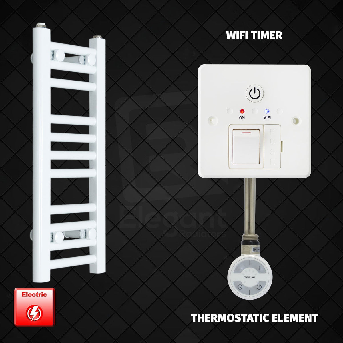 600 x 200 Pre-Filled Electric Heated Towel Radiator White HTR Moa Wifi Timer Thermostatic Element