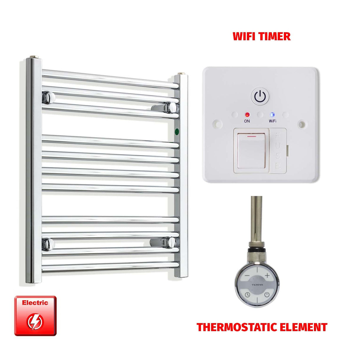 600mm High 550mm Wide Pre-Filled Electric Heated Towel Radiator Chrome HTR MOA Thermostatic element Wifi timer