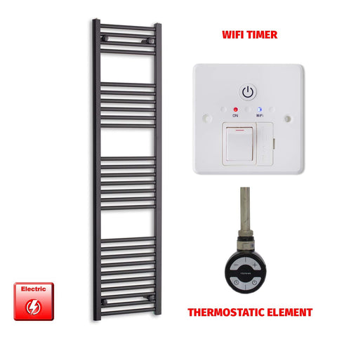 1600mm High 450mm Wide Flat Black Pre-Filled Electric Heated Towel Rail Radiator HTR MOA Thermostatic Wifi Timer