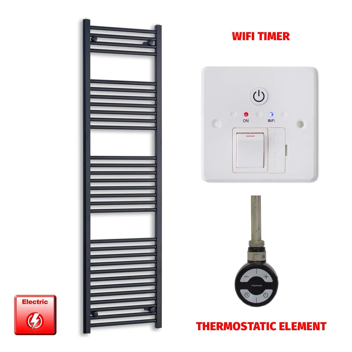 1800mm High 500mm Wide Flat Black Pre-Filled Electric Heated Towel Radiator MOA Thermostatic Wifi Timer