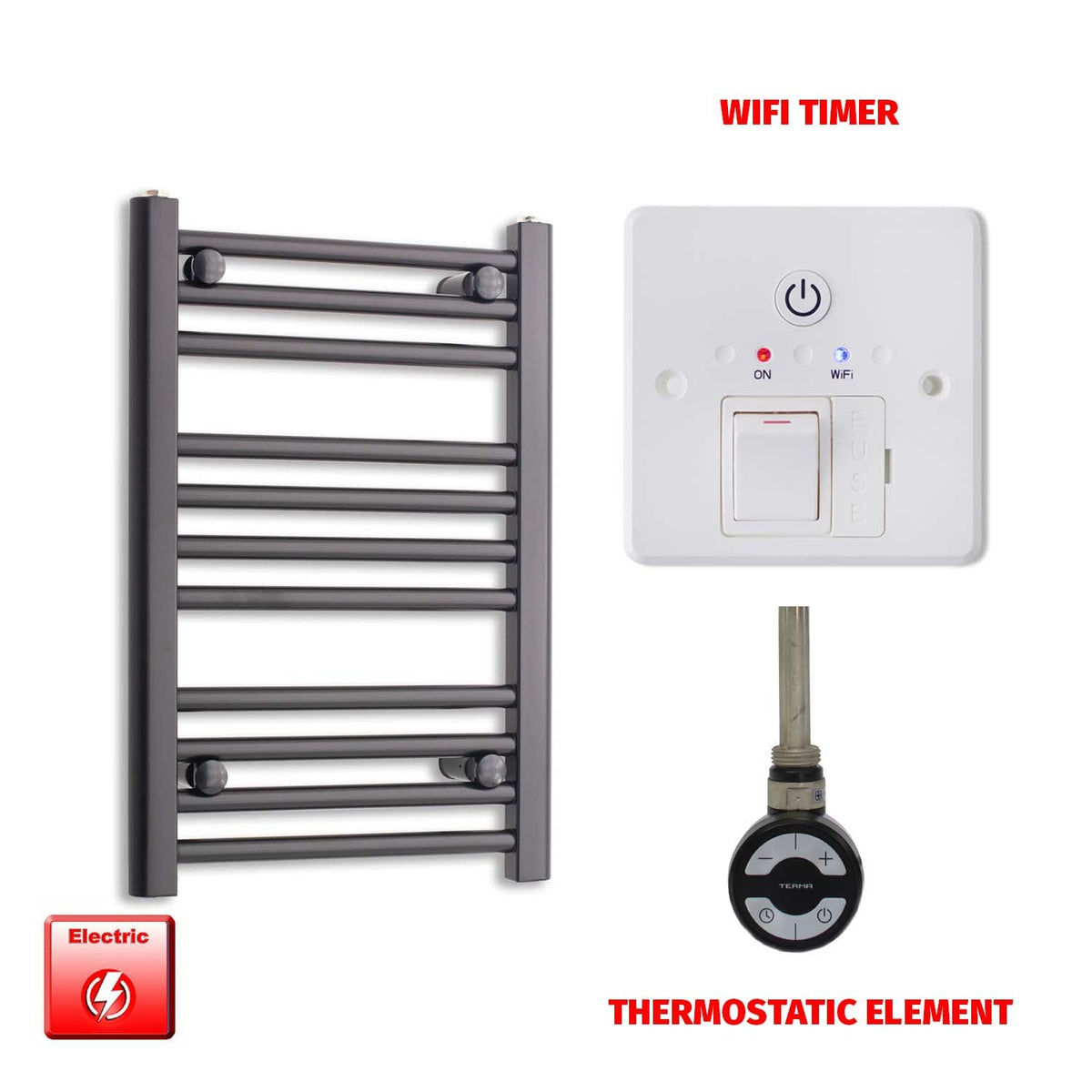 600 x 400 Flat Black Pre-Filled Electric Heated Towel Radiator HTR MOA Thermostatic Wifi Timer