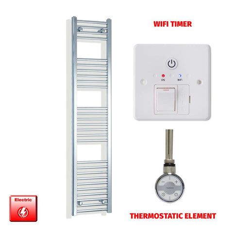 1600mm High 300mm Wide Pre-Filled Electric Heated Towel Radiator Straight Chrome MOA Element Wifi Timer