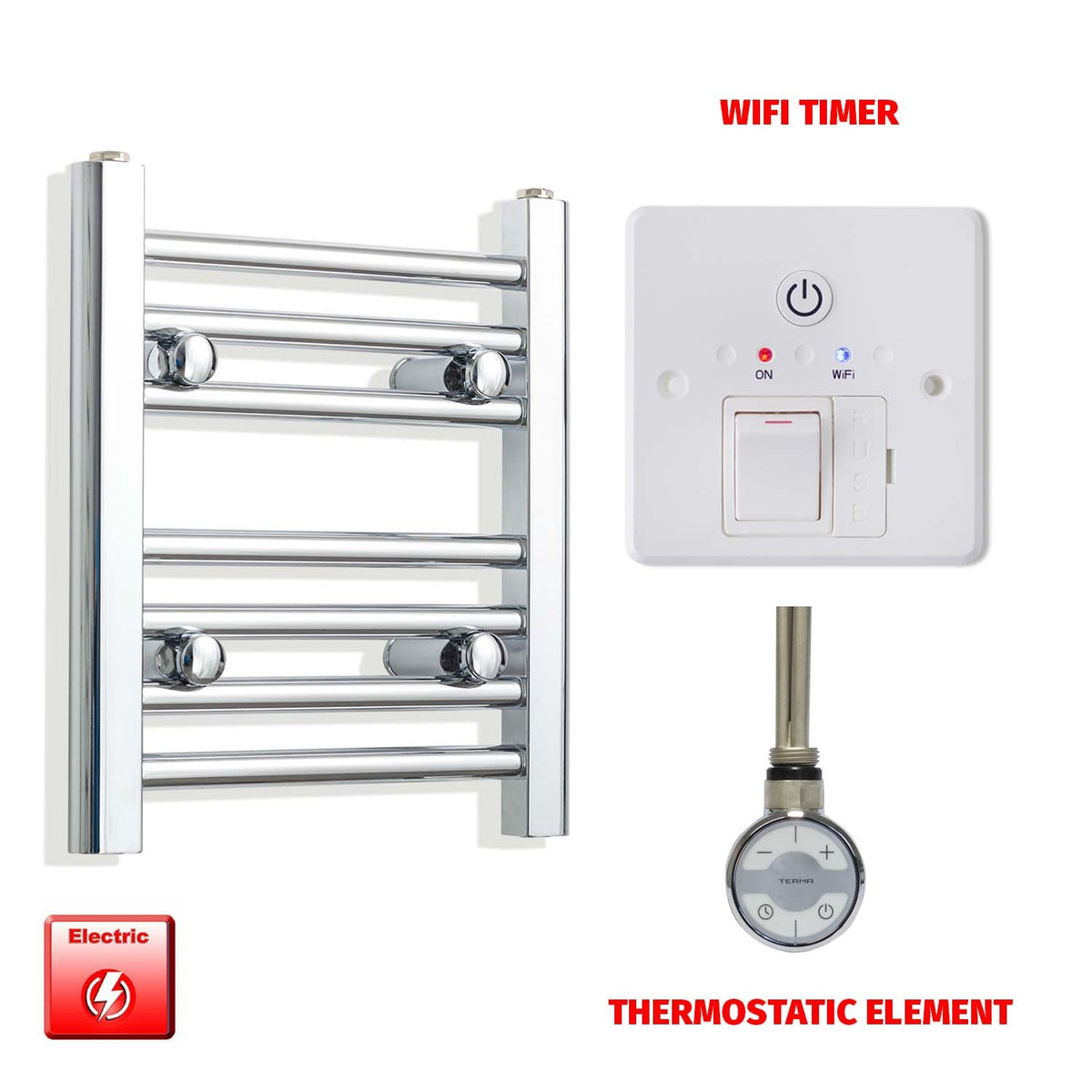 400mm High 350mm Wid Pre-Filled Electric Heated Towel Rail Radiator Straight Chrome MOA Thermostatic element Wifi timer
