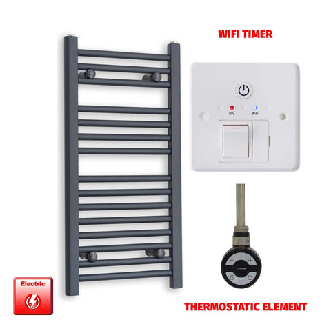 800mm High 500mm Wide Flat Anthracite Pre-Filled Electric Heated Towel Radiator HTR MOA Thermostatic element Wifi timer