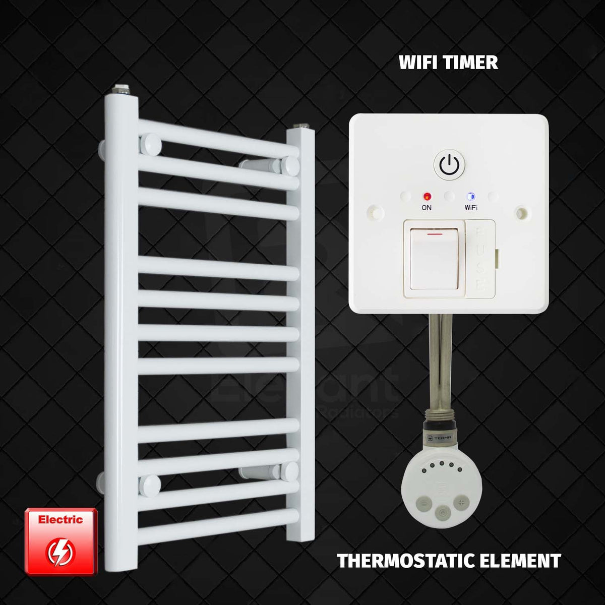 600 mm High 500 mm Wide Pre-Filled Electric Heated Towel Rail Radiator White HTR MOA Thermostatic element  wifi timer