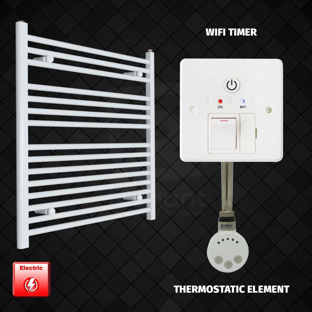 800 mm High 750 mm Wide Pre-Filled Electric Heated Towel Rail Radiator White HTR MOA Thermostatic element Wifi timer