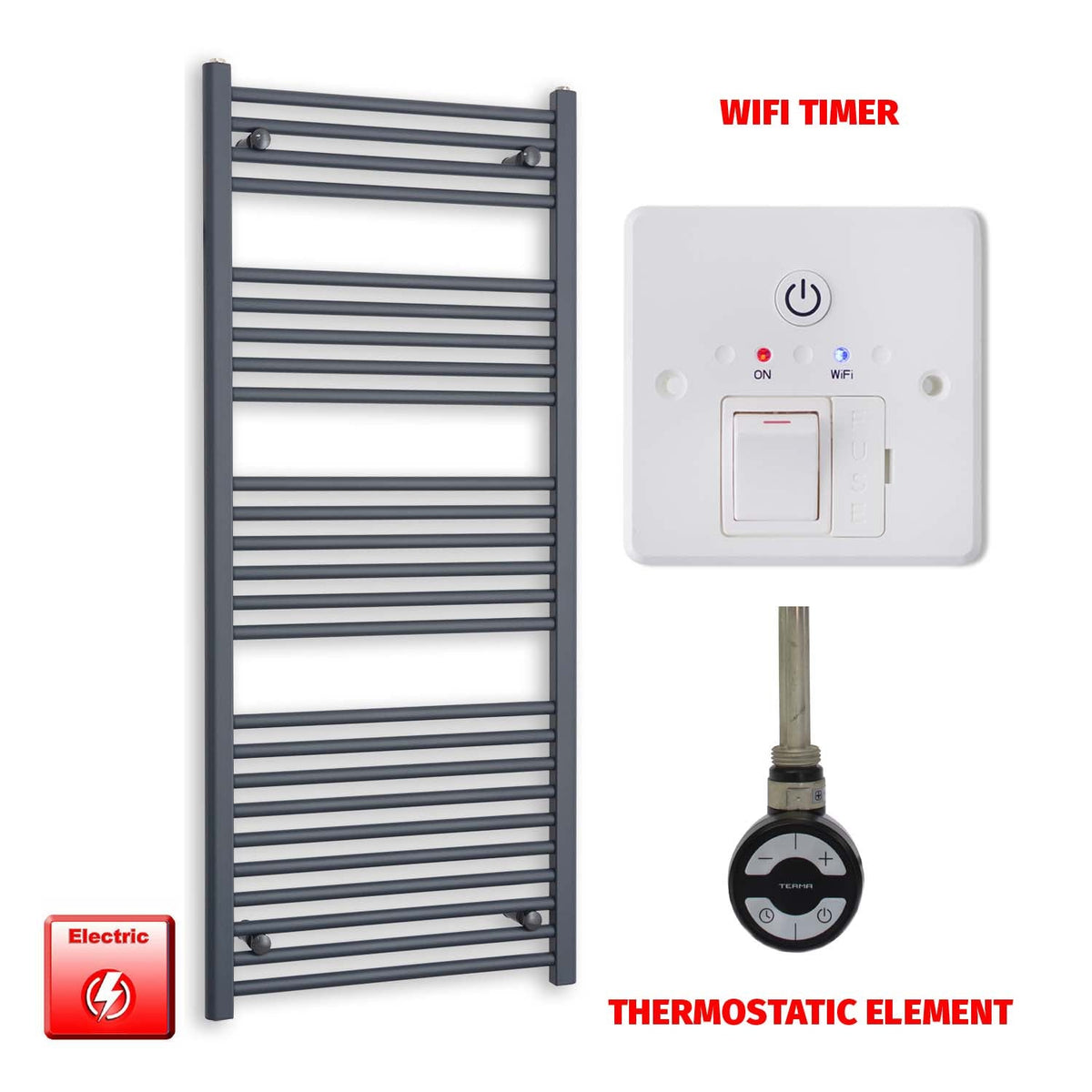 1400 x 600 Flat Anthracite Pre-Filled Electric Heated Towel Radiator HTR MOA Thermostatic element Wifi timer