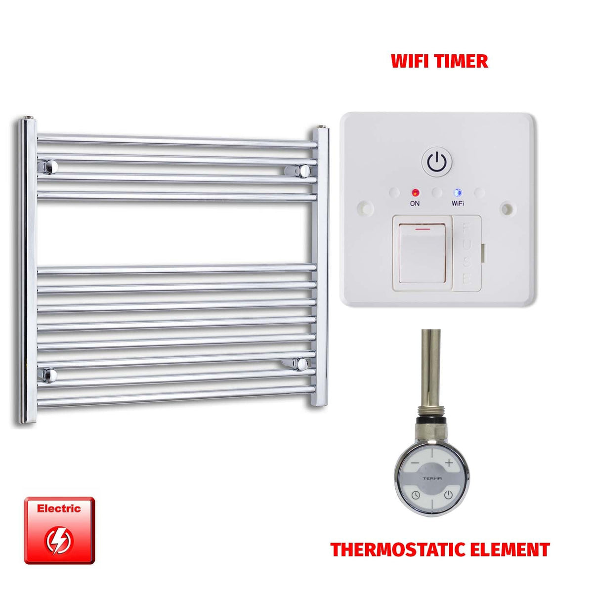 700 x 800 Pre-Filled Electric Heated Towel Radiator Straight Chrome MOA Thermostatic element Wifi timer