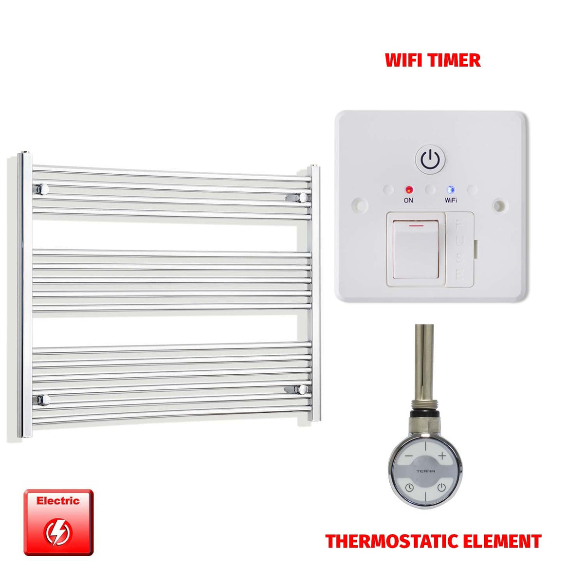 800 x 1000 Pre-Filled Electric Heated Towel Radiator Straight Chrome MOA Thermosatic element Wifi timer