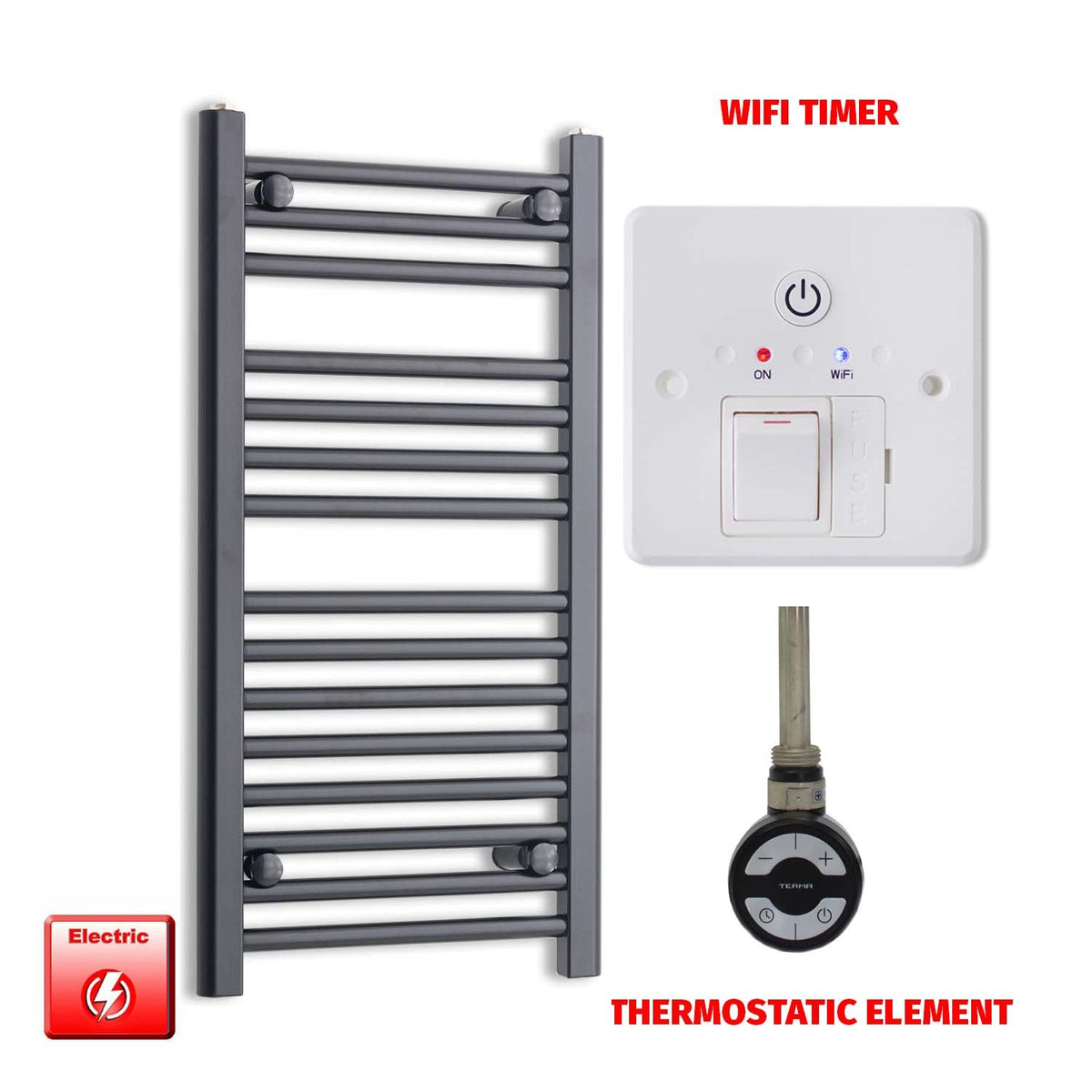 800mm High 400mm Wide Flat Black Pre-Filled Electric Heated Towel Radiator HTR MOA Wifi Timer