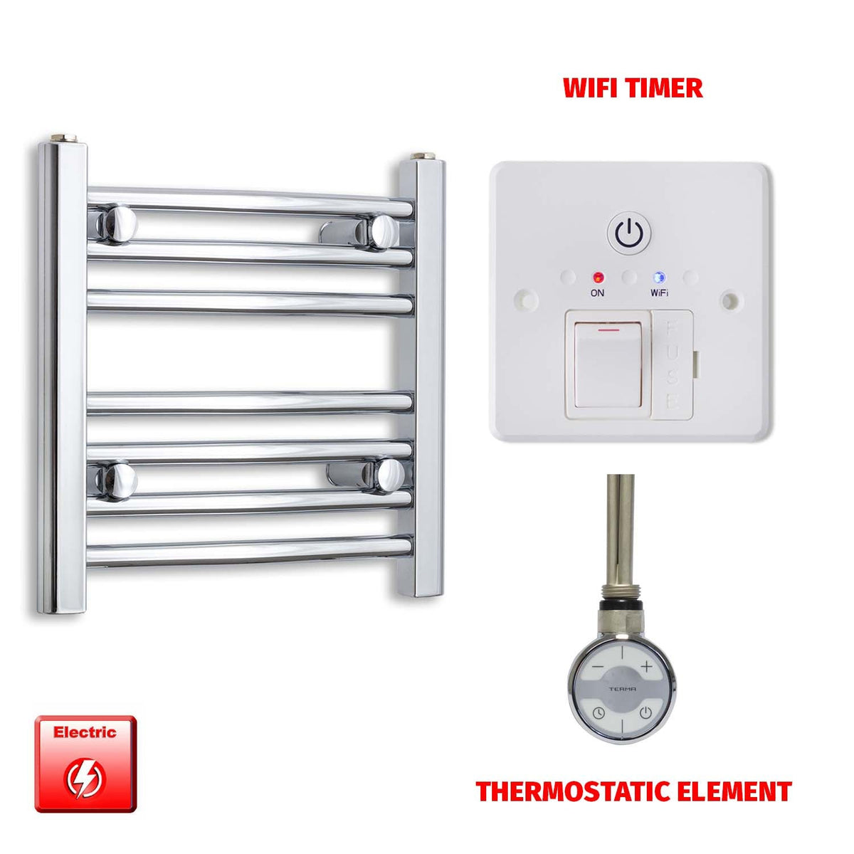 400 x 450 Pre-Filled Electric Heated Towel Radiator Straight Chrome MOA Thermostatic element Wifi timer