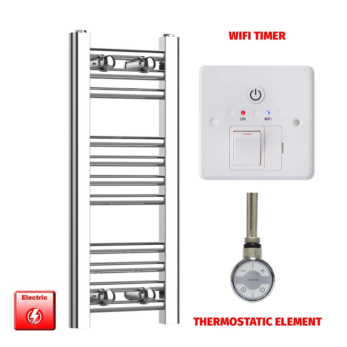 600mm High 200mm Wide Pre-Filled Electric Heated Towel Rail Radiator Straight Chrome Wifi Timer Thermostatic Element