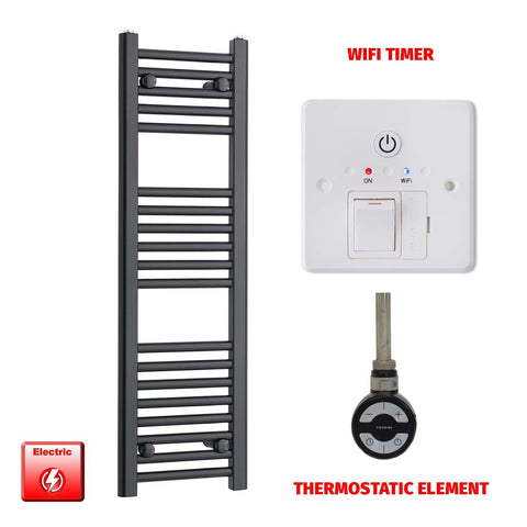 1000mm High 300mm Wide Flat Black Pre-Filled Electric Heated Towel Rail Radiator MOA Thermostatic Wifi Timer