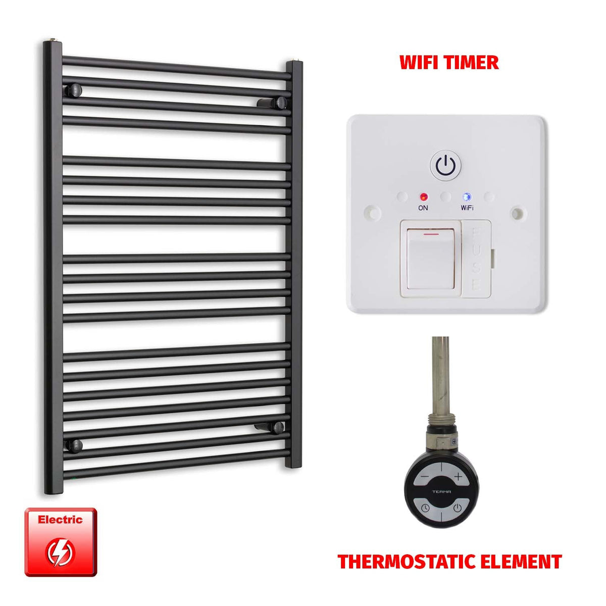 1000mm x 700mm Wide Flat Black Pre-Filled Electric Towel Radiator HTR MOA Thermostatic Wifi Timer