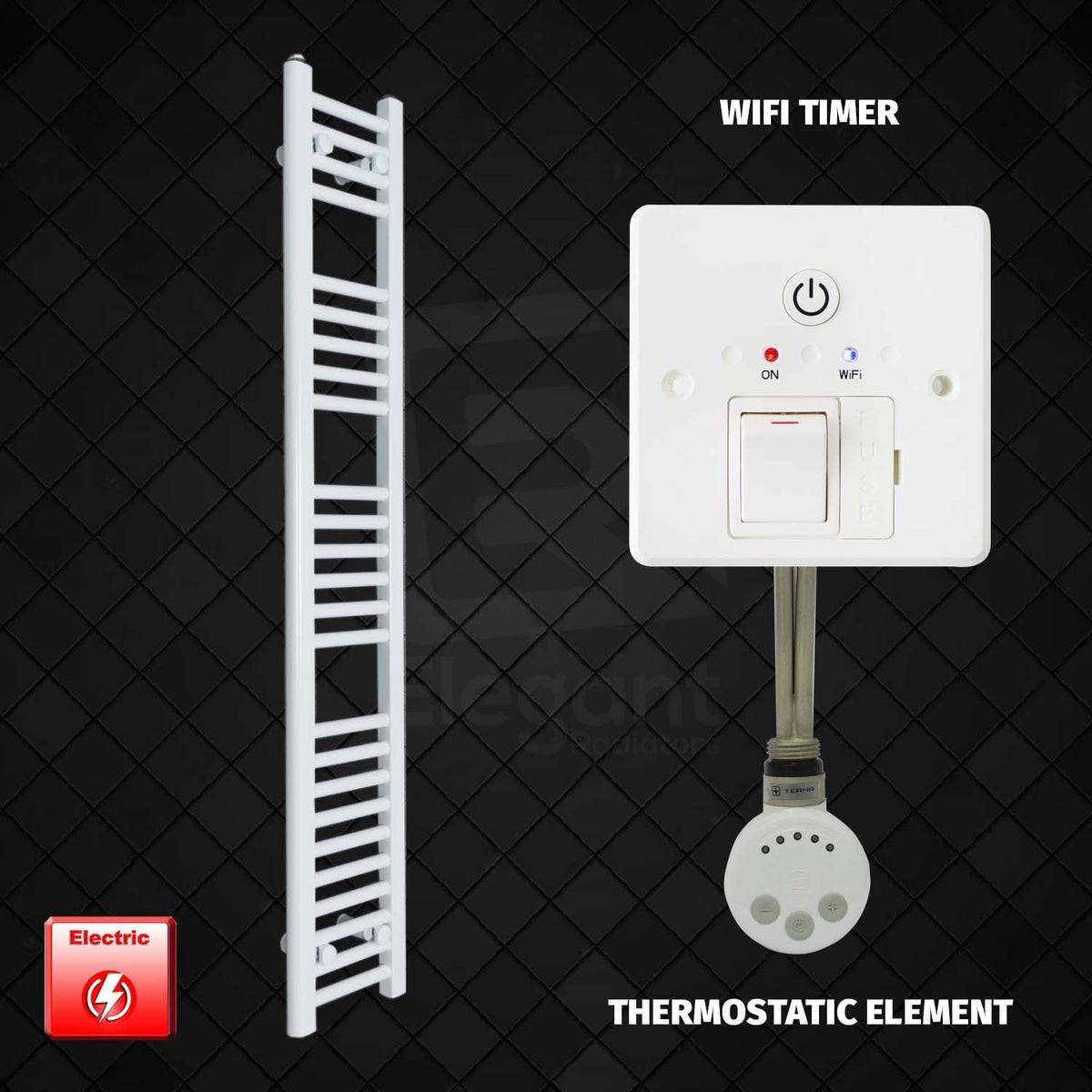 1400 mm High 200 mm Wide Pre-Filled Electric Heated Towel Rail Radiator White MOA Thermostatic Element Wifi Timer