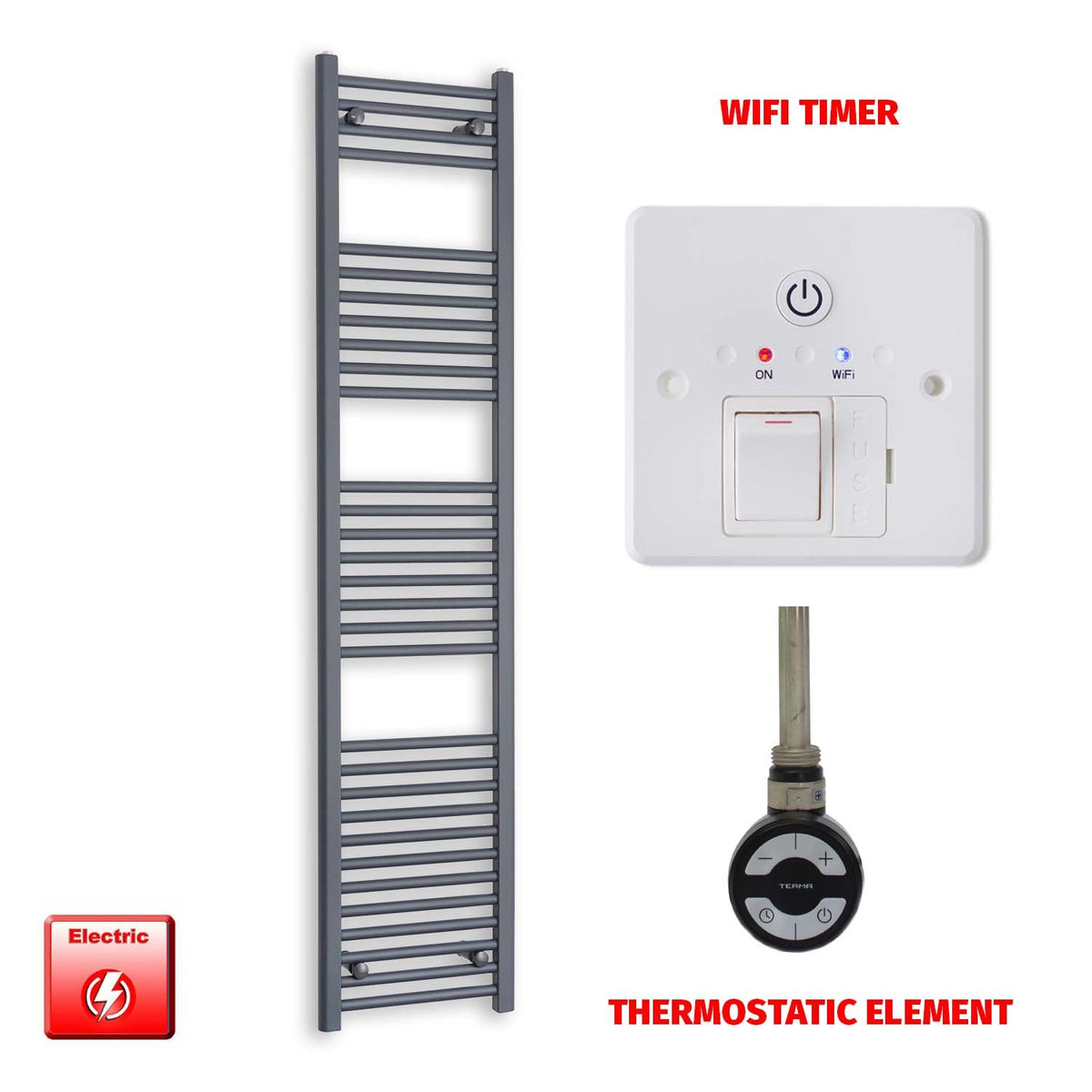 1800mm High 400mm Wide Flat Anthracite Pre-Filled Electric Towel Rail Radiator HTR MOA Thermostatic element Wifi timer