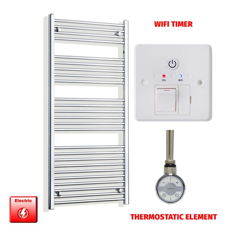 1400mm High 550mm Wide Pre-Filled Electric Heated Towel Radiator Straight Chrome MOA Thermostatic element Wifi timer