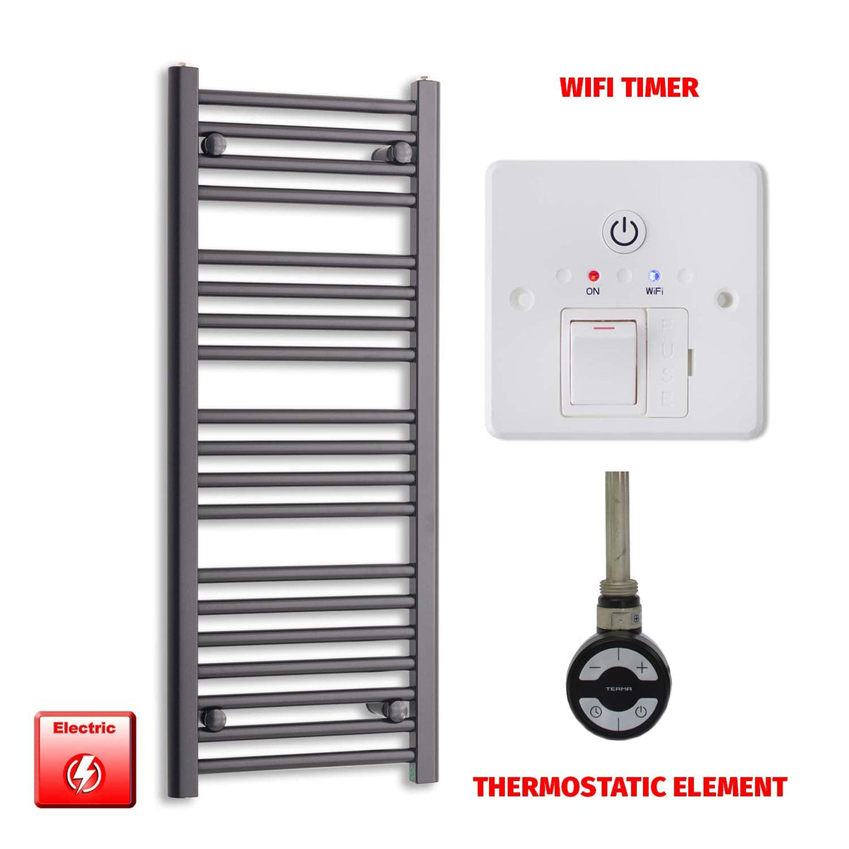 1000mm High 450mm Wide High Flat Black Pre-Filled Electric Heated Towel Radiator HTR MOA Thermostatic Wifi Timer