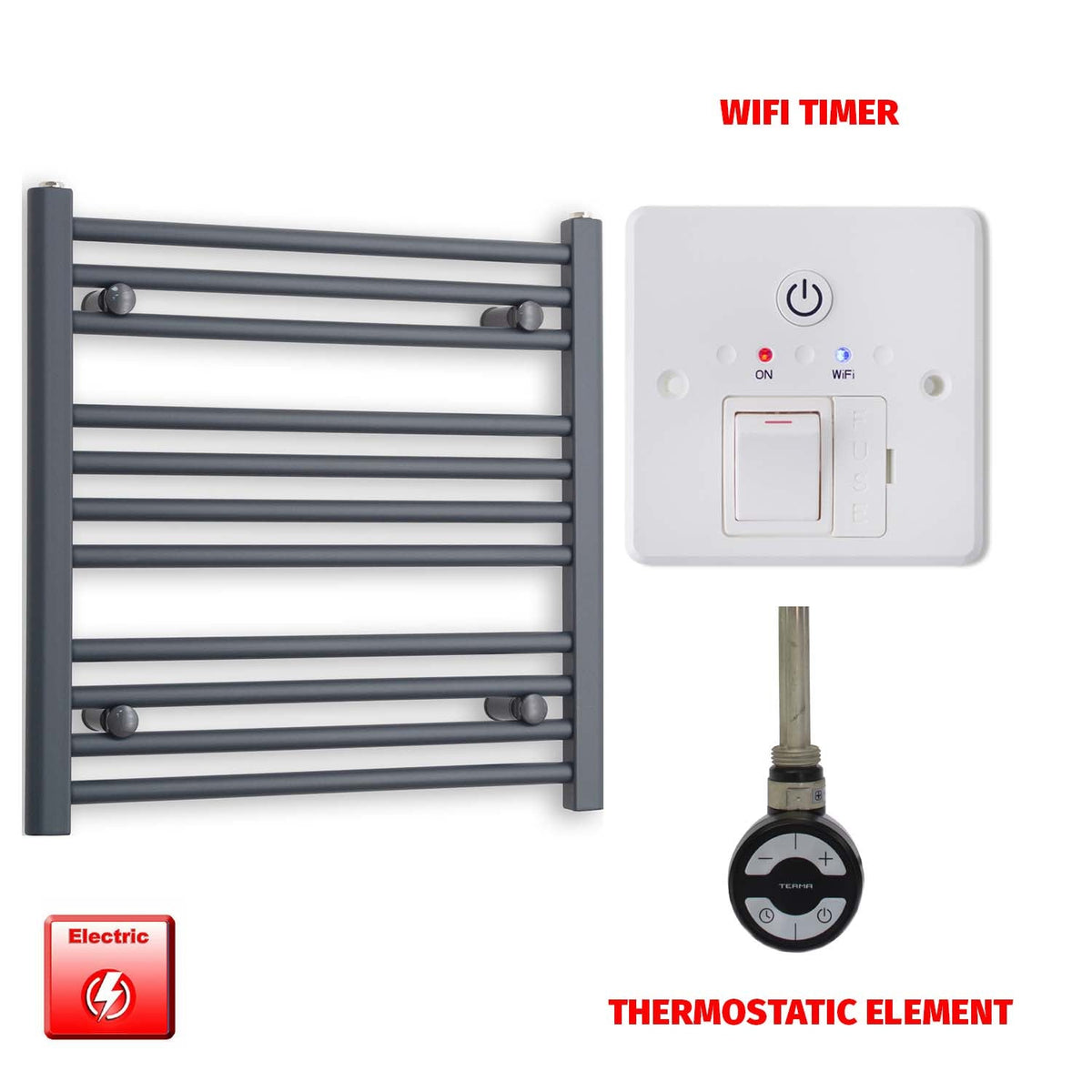 600mm High 500mm Wide Flat Anthracite Pre-Filled Electric Heated Towel Rail Radiator HTR MEG Thermostatic element Wifi timer