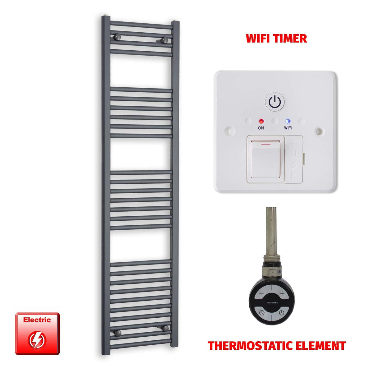 1600mm High 400mm Wide Flat Anthracite Pre-Filled Electric Heated Towel Radiator HTR MOA Thermostatic element Wifi timer
