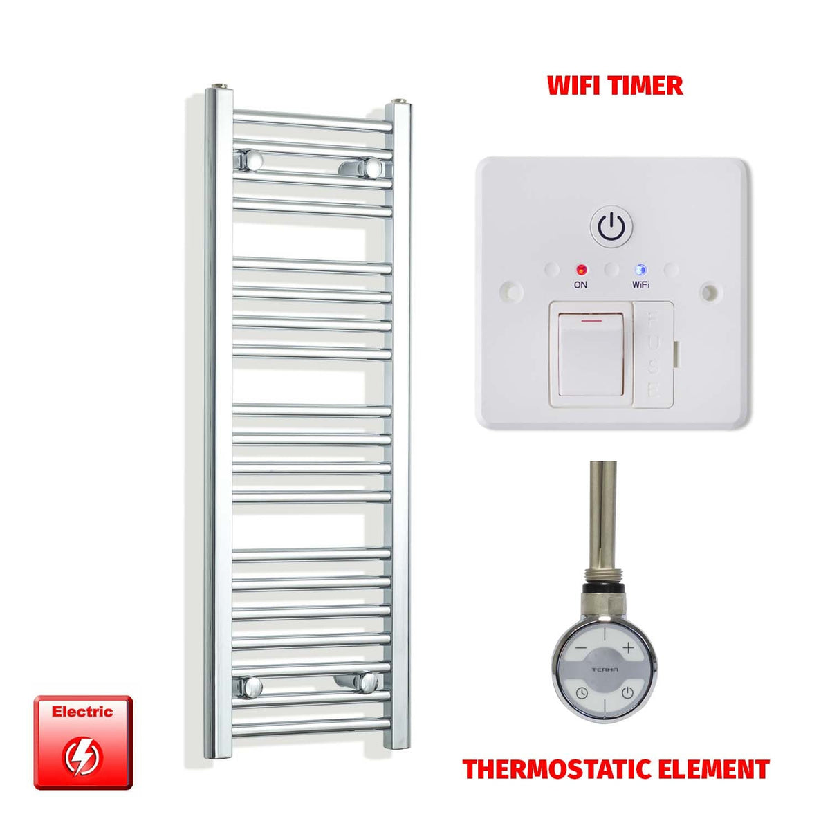 1000mm High 350mm Wide Pre-Filled Electric Heated Towel Rail Radiator Straight Chrome MOA Thermostatic element Wifi timer