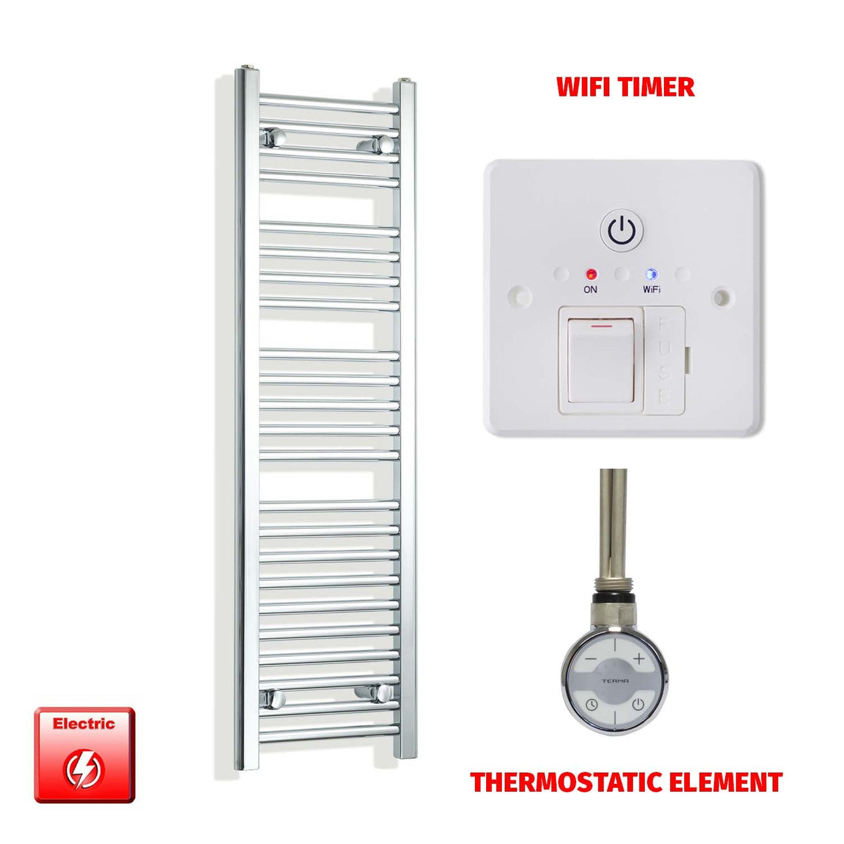 1400mm High 350mm Wide Pre-Filled Electric Heated Towel Rail Radiator Straight Chrome MOA Thermostatic element Wifi timer