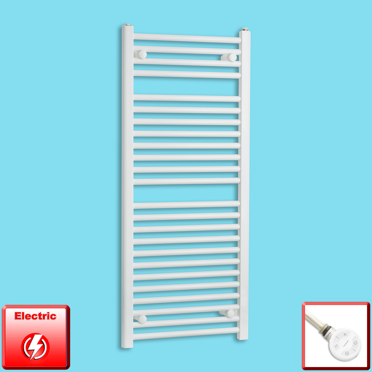 400mm Wide 1200mm High Pre-Filled White Electric Towel Rail Radiator With Thermostatic MOA Element
