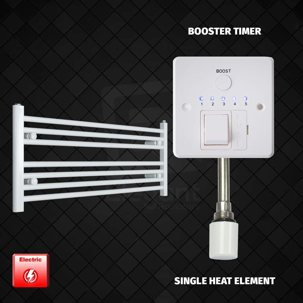 400 mm High 1100 mm Wide Pre-Filled Electric Heated Towel Rail Radiator White HTR Single heat element Booster timer