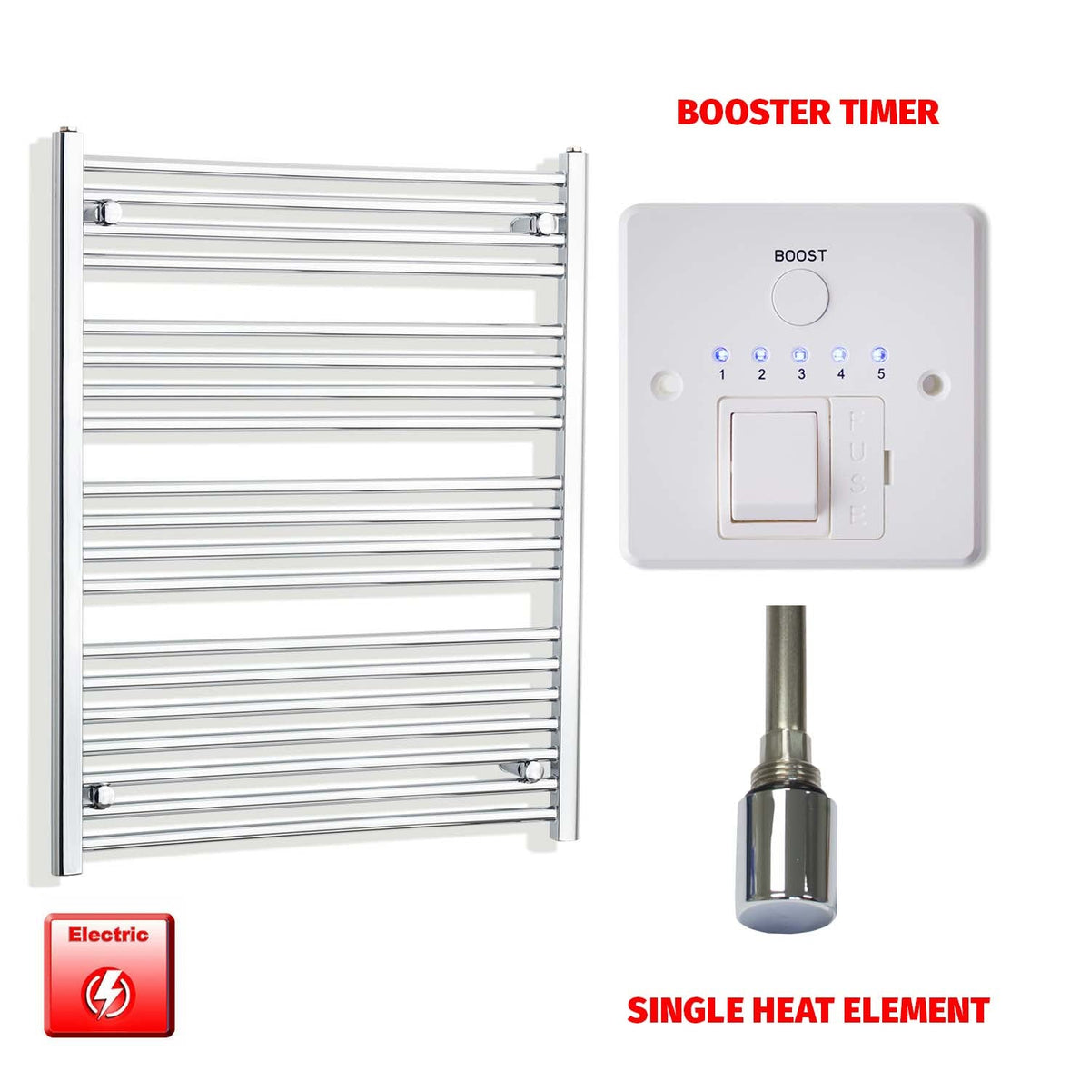 1000 x 750 Pre-Filled Electric Heated Towel Radiator Curved or Straight Chrome Single heat element Booster timer