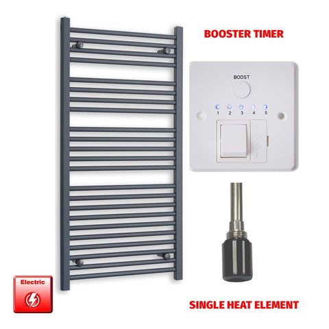 1200mm High 600mm Wide Flat Anthracite Pre-Filled Electric Heated Towel Rail Radiator HTR Single heat element Booster timer