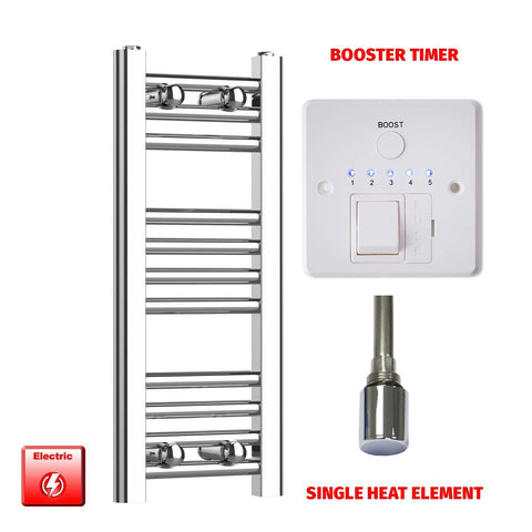 600mm High 200mm Wide Pre-Filled Electric Heated Towel Rail Radiator Straight Chrome Booster Timer Single Heat Element