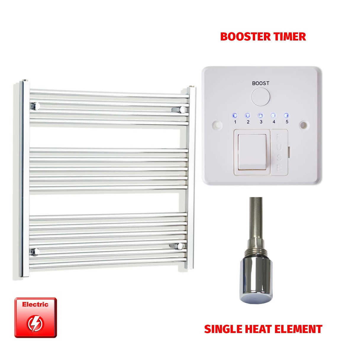 800mm High 800mm Wide Pre-Filled Electric Heated Towel Rail Radiator Straight Chrome Single heat element Booster timer