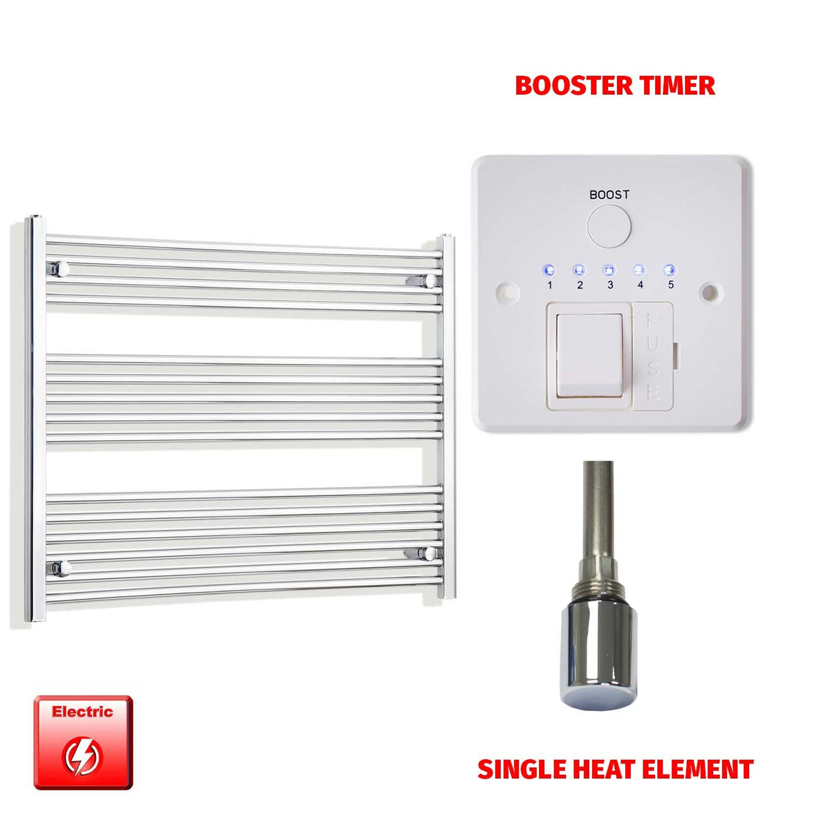 800mm High 950mm Wide Pre-Filled Electric Heated Towel Rail Radiator Straight Chrome Single heat element Booster timer