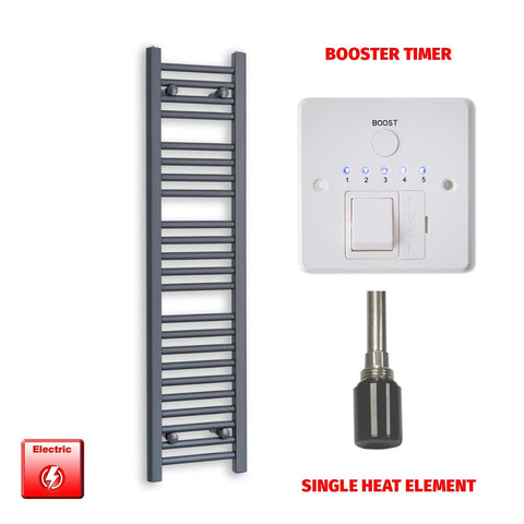 1200mm High 300mm Wide Flat Anthracite Pre-Filled Electric Heated Towel Rail Radiator HTR Single heat element Booster timer