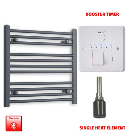 600mm High 500mm Wide Flat Anthracite Pre-Filled Electric Heated Towel Rail Radiator HTR Single heat element Booster timer