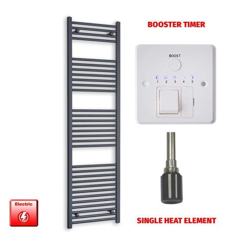 1800mm High 500mm Wide Flat Anthracite Pre-Filled Electric Heated Towel Radiator Single heat element Booster timer