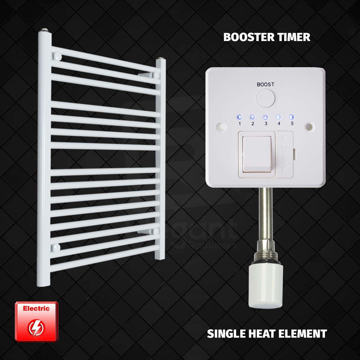 800 mm High 700 mm Wide Pre-Filled Electric Heated Towel Radiator White HTR Booster Timer Single Heat Element