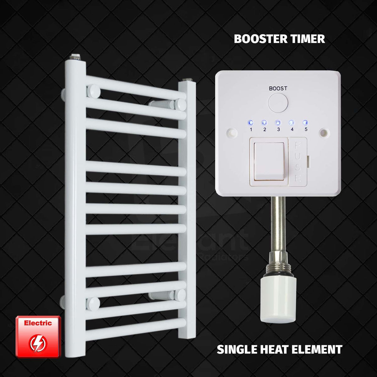 600 mm High 400 mm Wide Pre-Filled Electric Heated Towel Rail Radiator White HTR Single Heat Element With Booster Timer