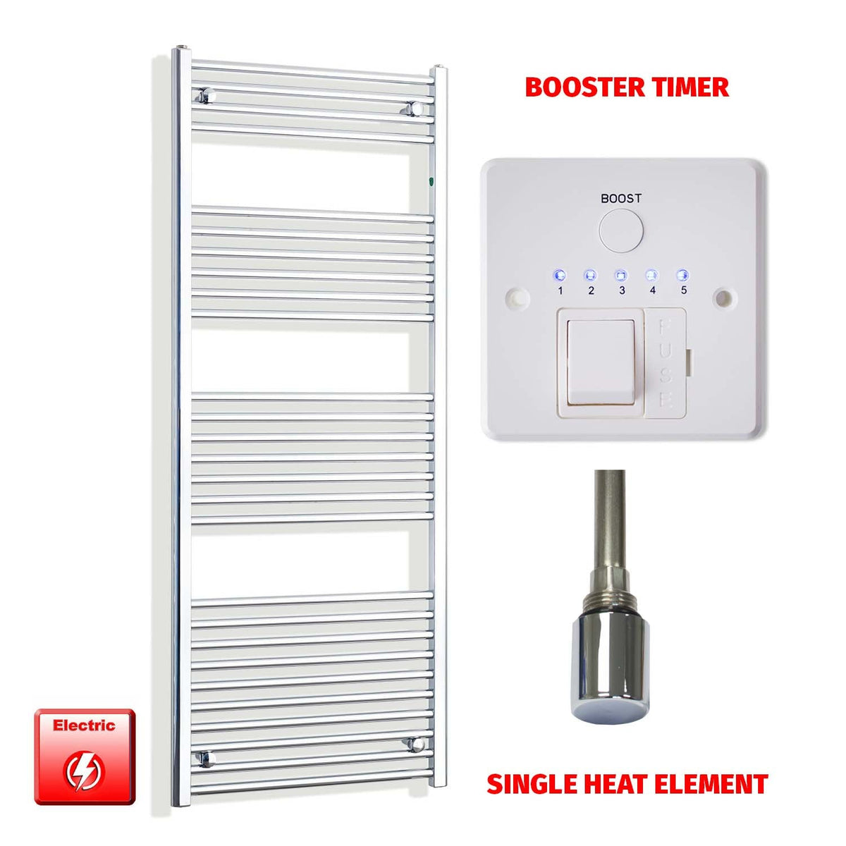 1600mm High 500mm Wide Pre-Filled Electric Heated Towel Radiator Straight or Curved Chrome Single heat element Booster timer