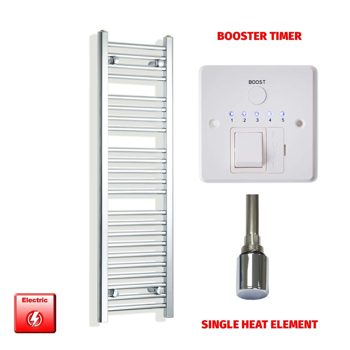 1400mm High 350mm Wide Pre-Filled Electric Heated Towel Rail Radiator Straight Chrome Single heat element Booster timer
