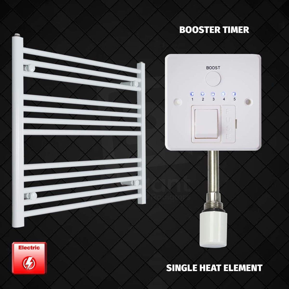 700 mm High x 900 mm Wide Pre-Filled Electric Towel Rail White HTR Single heat element Booster timer