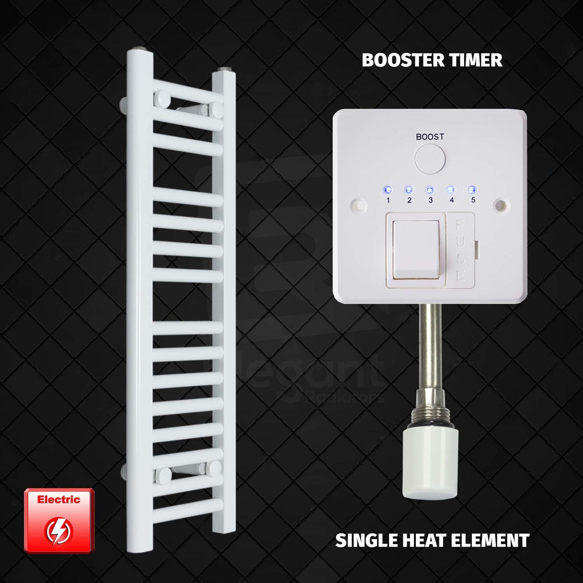 800 mm High 250 mm Wide Pre-Filled Electric Heated Towel Rail Radiator White Booster Timer