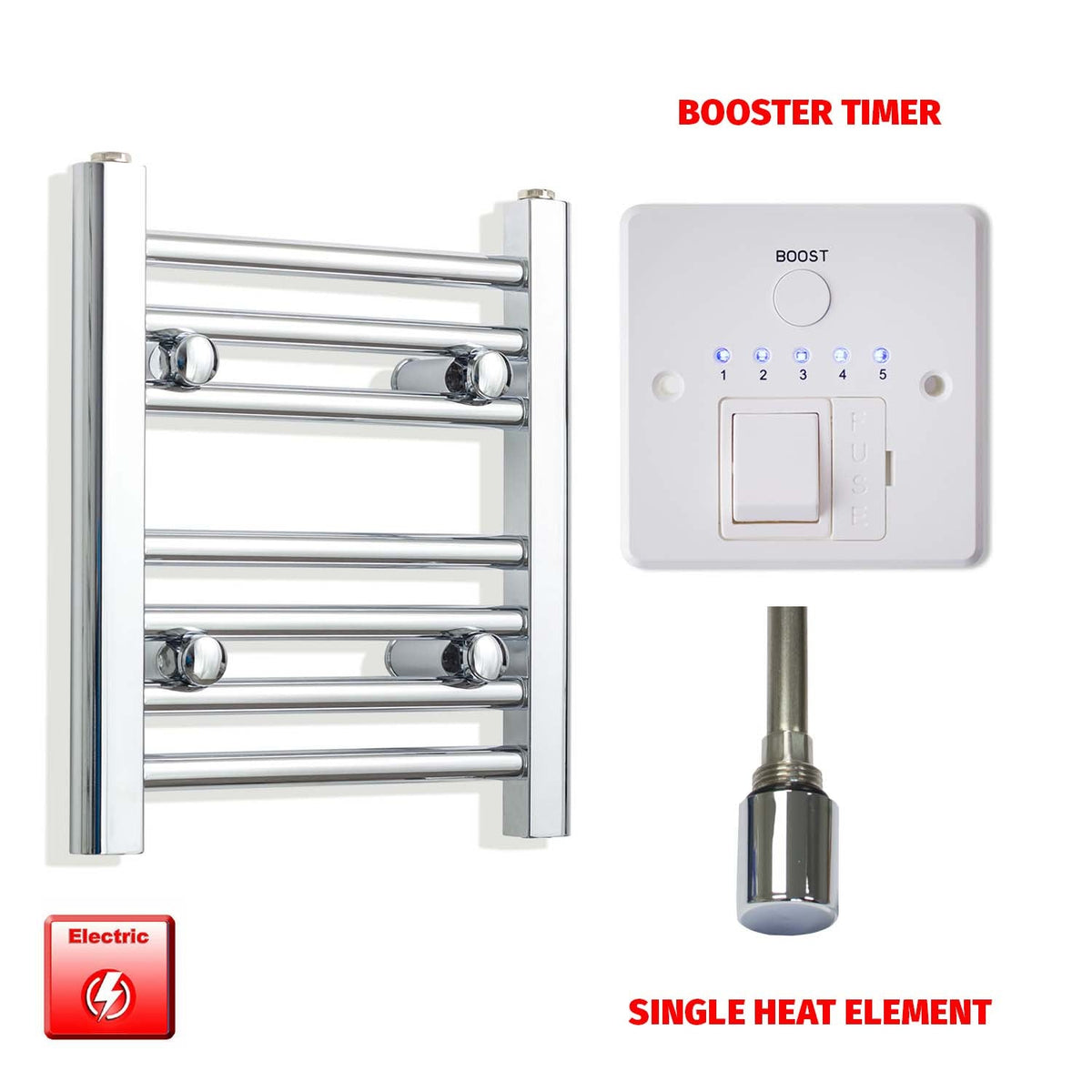 400mm High 350mm Wid Pre-Filled Electric Heated Towel Rail Radiator Straight Chrome Single heat element Booster timer
