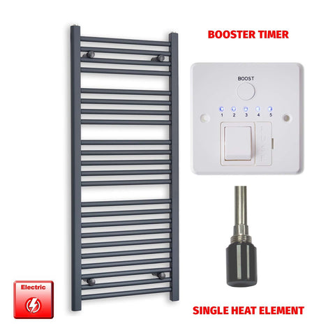 1200mm High 500mm Wide Flat Anthracite Pre-Filled Electric Heated Towel Rail Radiator HTR Single heat element Booster timer