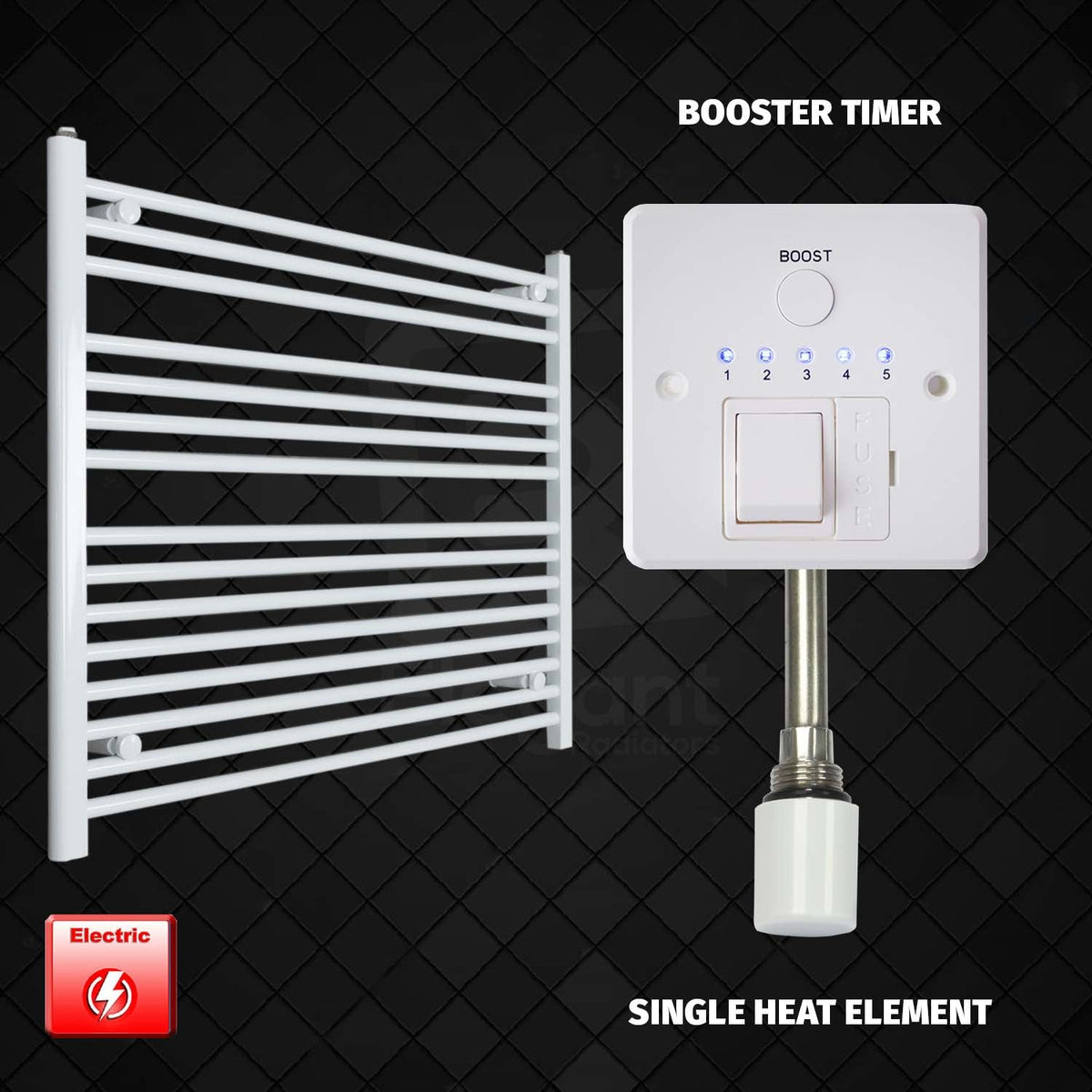 800 mm High 1100 mm Wide Pre-Filled Electric Heated Towel Rail Radiator White HTR Single heat element Booster timer