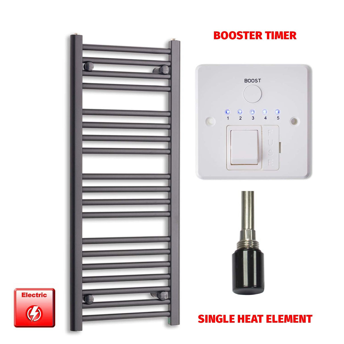 1000mm High 450mm Wide High Flat Black Pre-Filled Electric Heated Towel Radiator HTR Single booster Timer