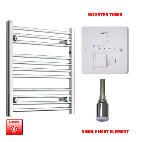 600mm High 500mm Wide Pre-Filled Electric Heated Towel Rail Radiator Straight or Curved Chrome Single heat element Booster timer