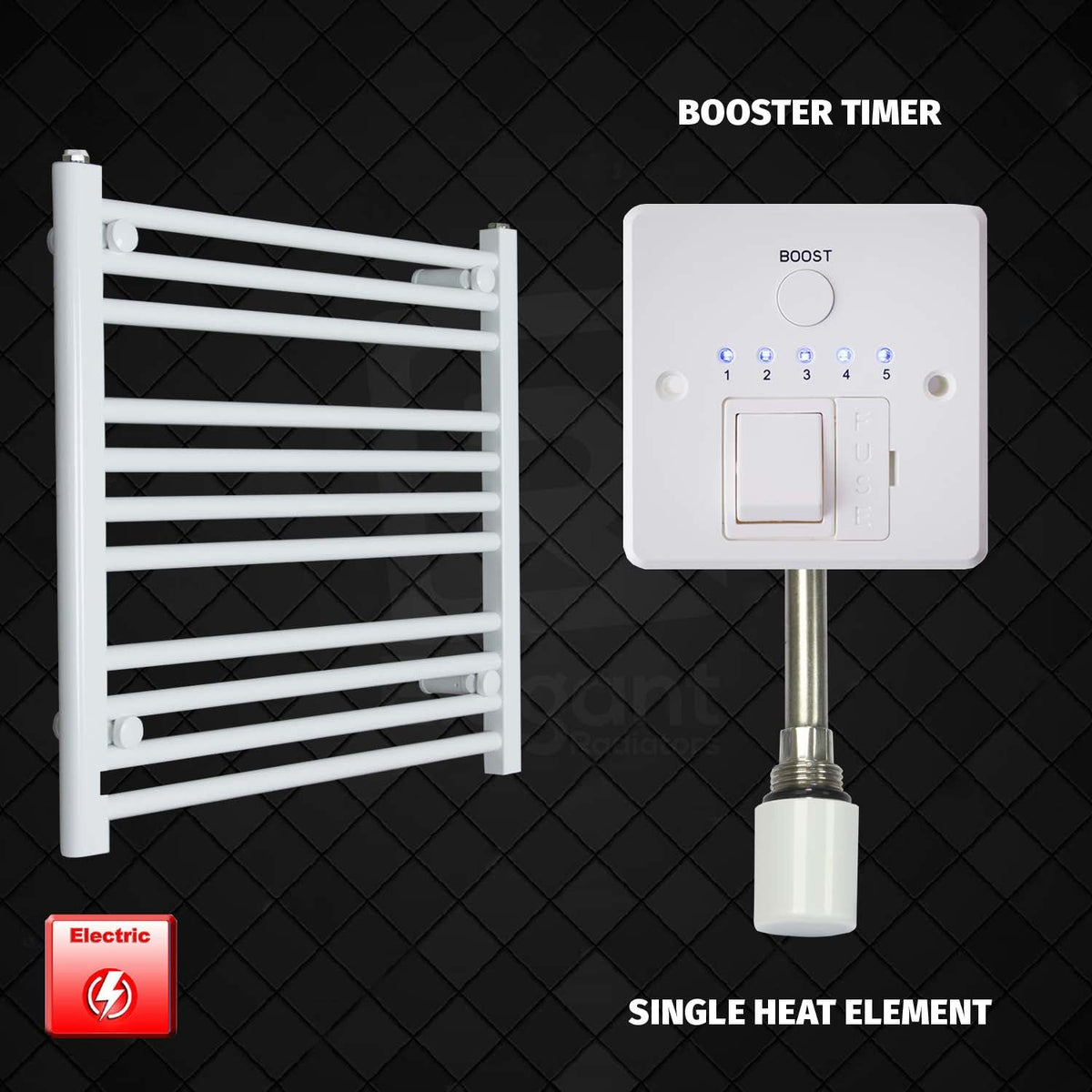 600 mm High 600 mm Wide Pre-Filled Electric Heated Towel Rail Radiator White HTR Single heat element Booster timer